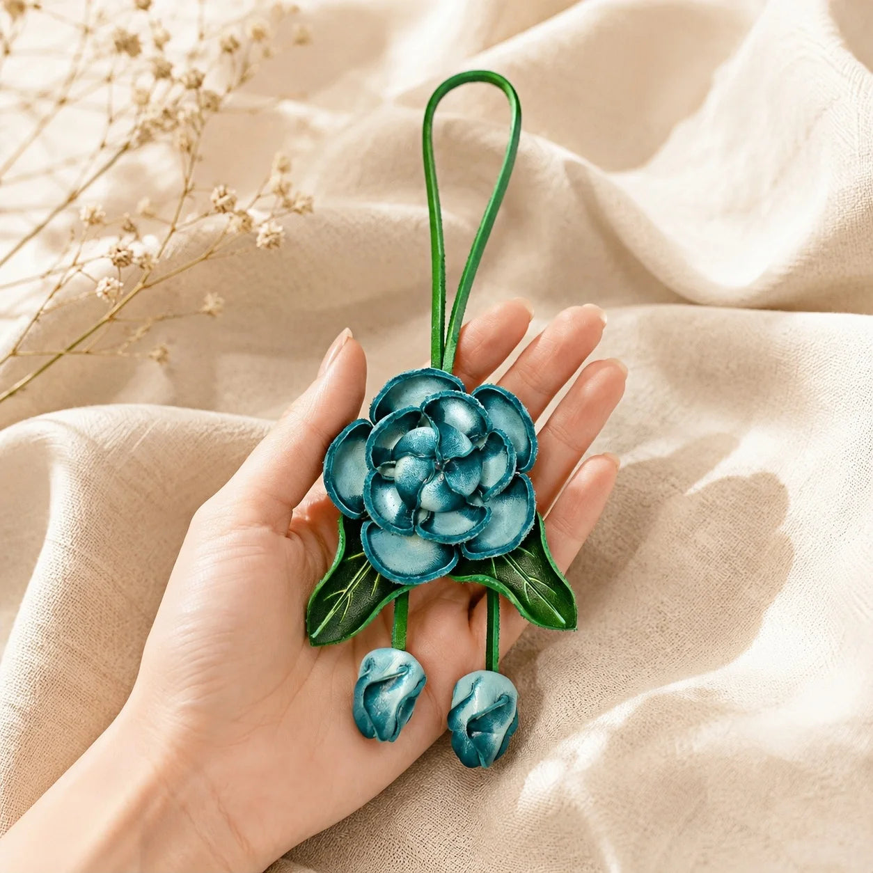 Handmade Leather Blue Flower Bag Charm, 3D Floral Handbag Charm Keychain, Elegant Purse Accessory Gift for Her