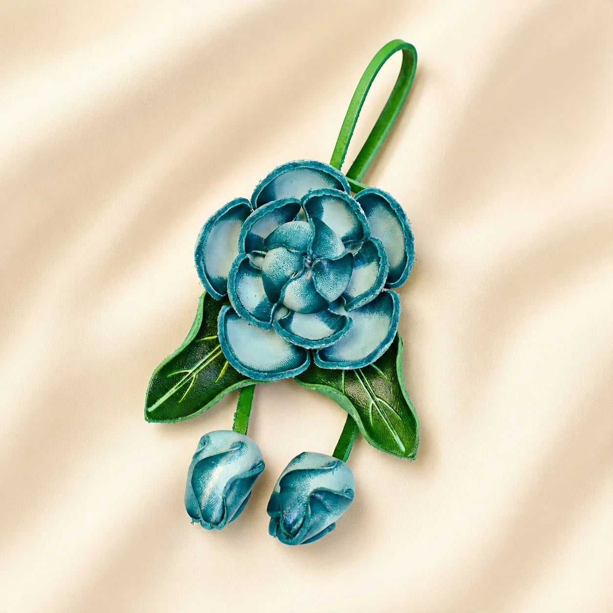 Handmade Leather Blue Flower Bag Charm, 3D Floral Handbag Charm Keychain, Elegant Purse Accessory Gift for Her
