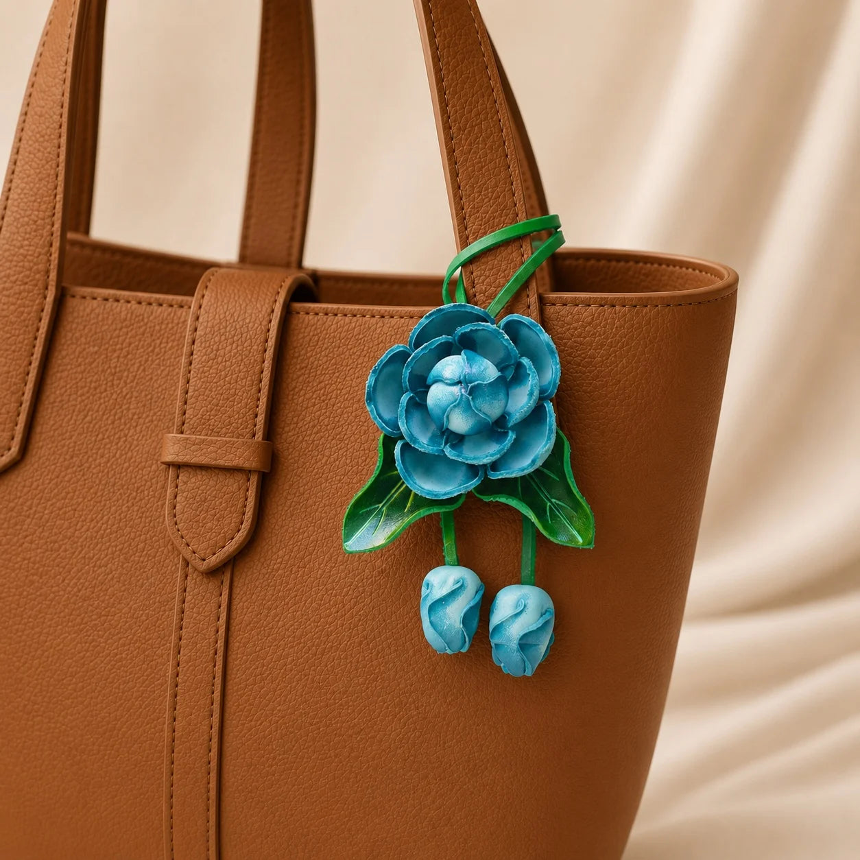 Handmade Leather Blue Flower Bag Charm, 3D Floral Handbag Charm Keychain, Elegant Purse Accessory Gift for Her