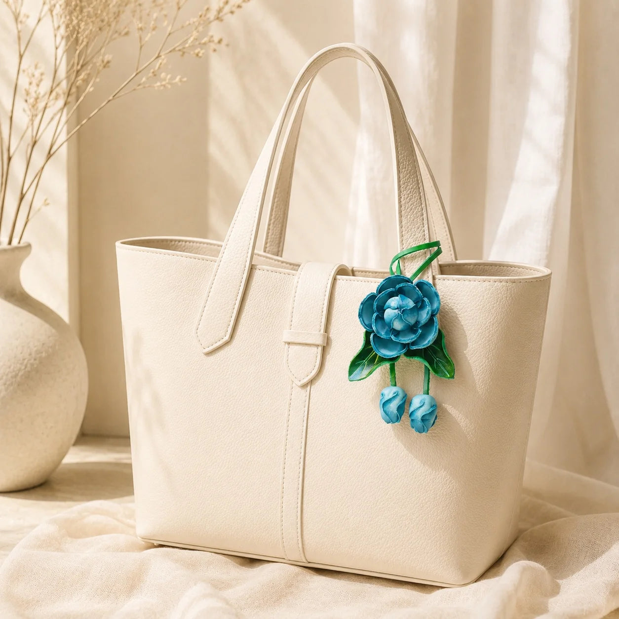 Handmade Leather Blue Flower Bag Charm, 3D Floral Handbag Charm Keychain, Elegant Purse Accessory Gift for Her
