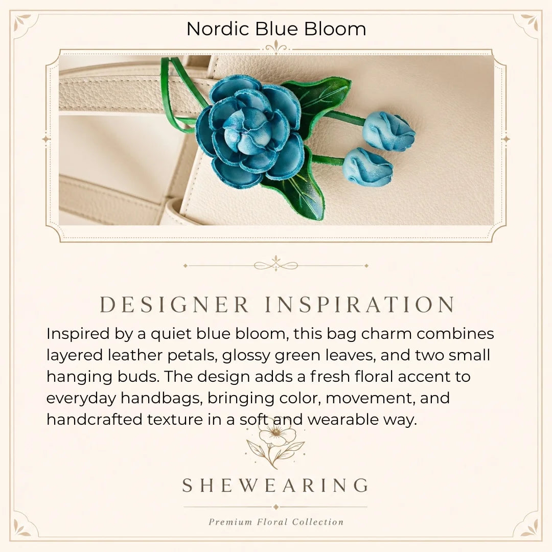 Handmade Leather Blue Flower Bag Charm, 3D Floral Handbag Charm Keychain, Elegant Purse Accessory Gift for Her