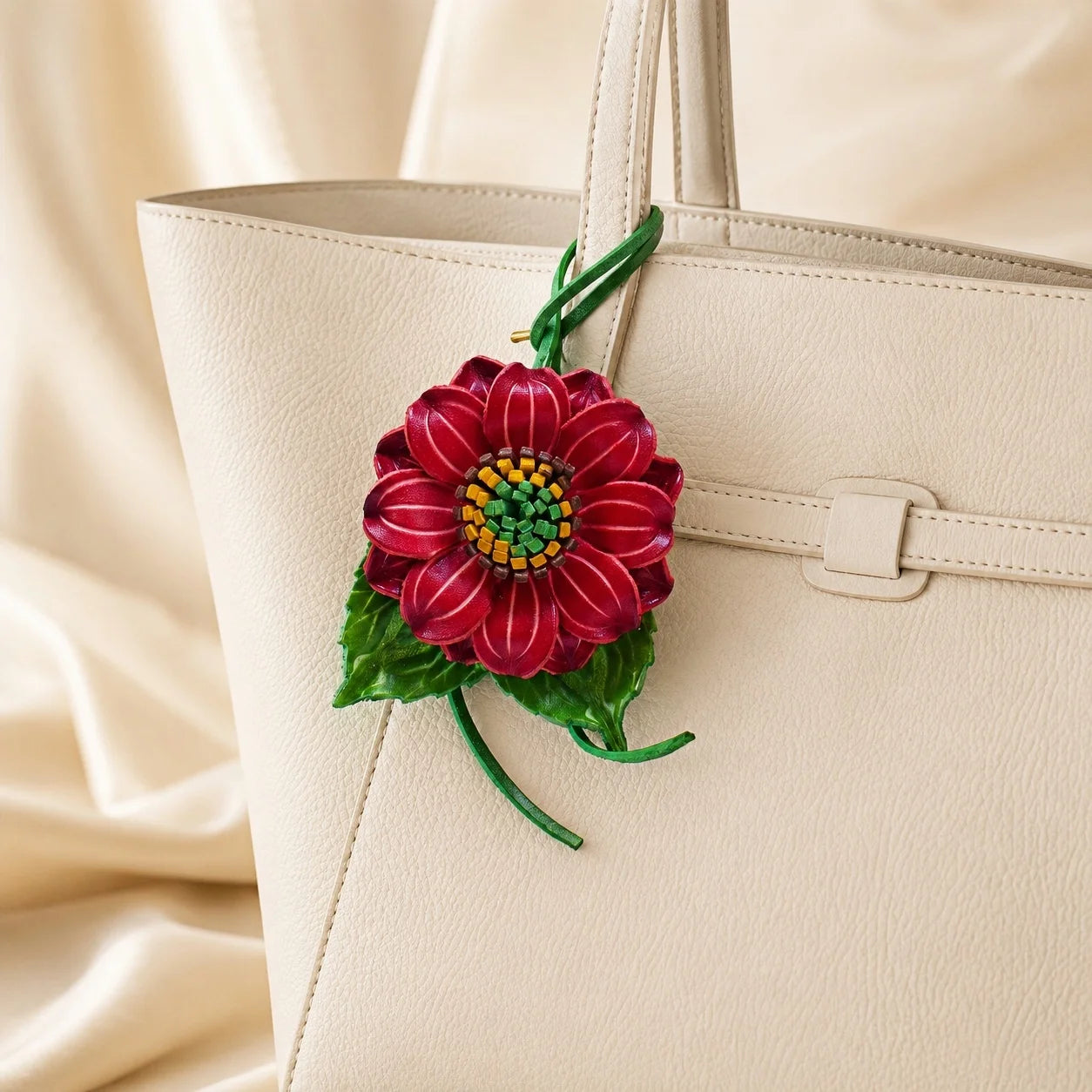 Handmade Leather Red Dahlia Flower Bag Charm, 3D Floral Handbag Charm Keychain, Elegant Purse Accessory Gift for Her