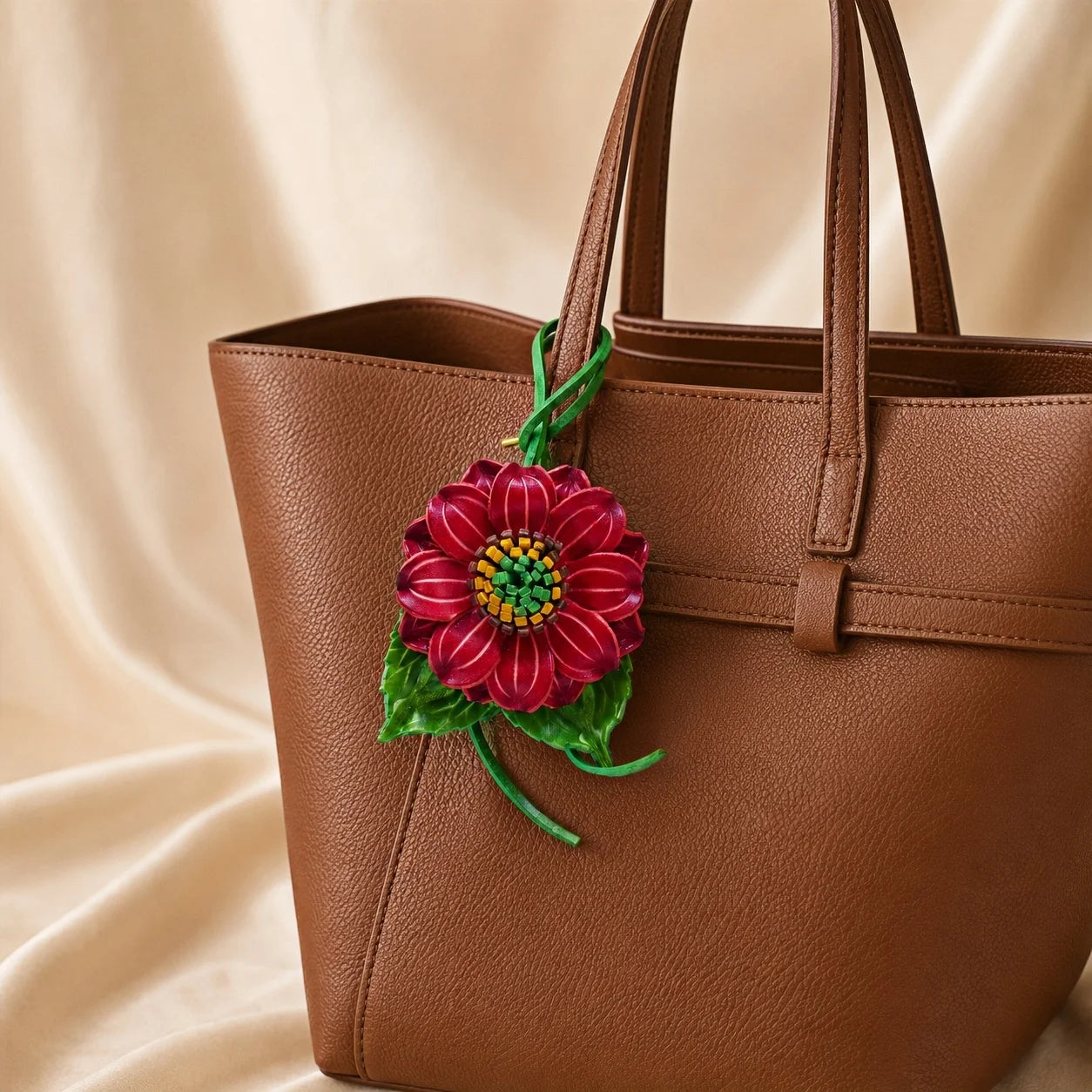 Handmade Leather Red Dahlia Flower Bag Charm, 3D Floral Handbag Charm Keychain, Elegant Purse Accessory Gift for Her