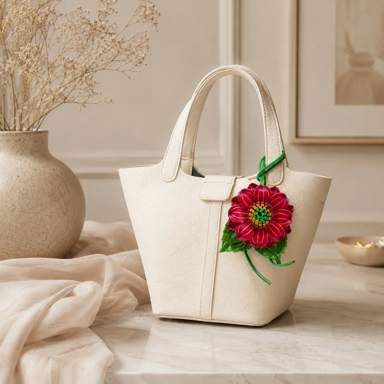 Handmade Leather Red Dahlia Flower Bag Charm, 3D Floral Handbag Charm Keychain, Elegant Purse Accessory Gift for Her