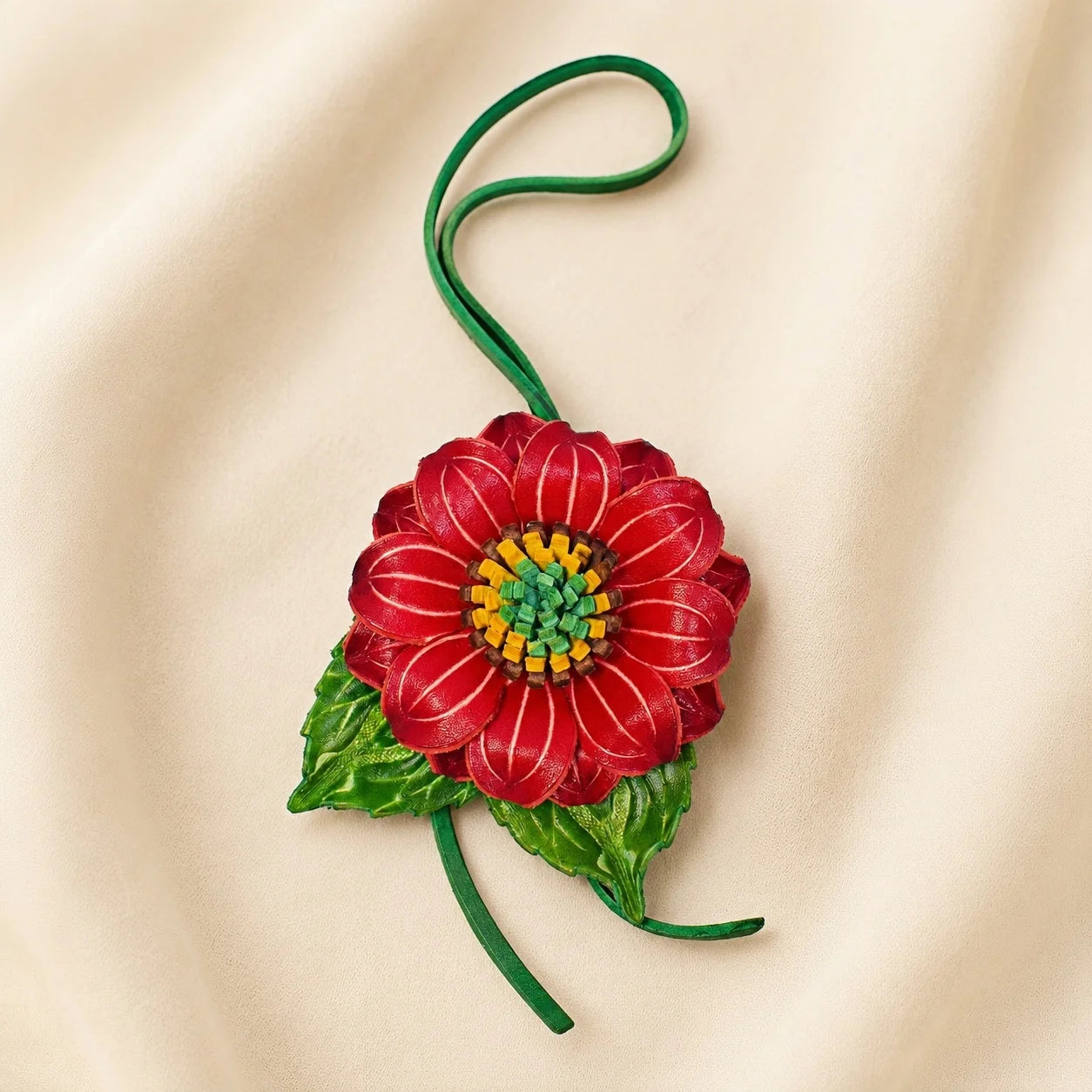 Handmade Leather Red Dahlia Flower Bag Charm, 3D Floral Handbag Charm Keychain, Elegant Purse Accessory Gift for Her