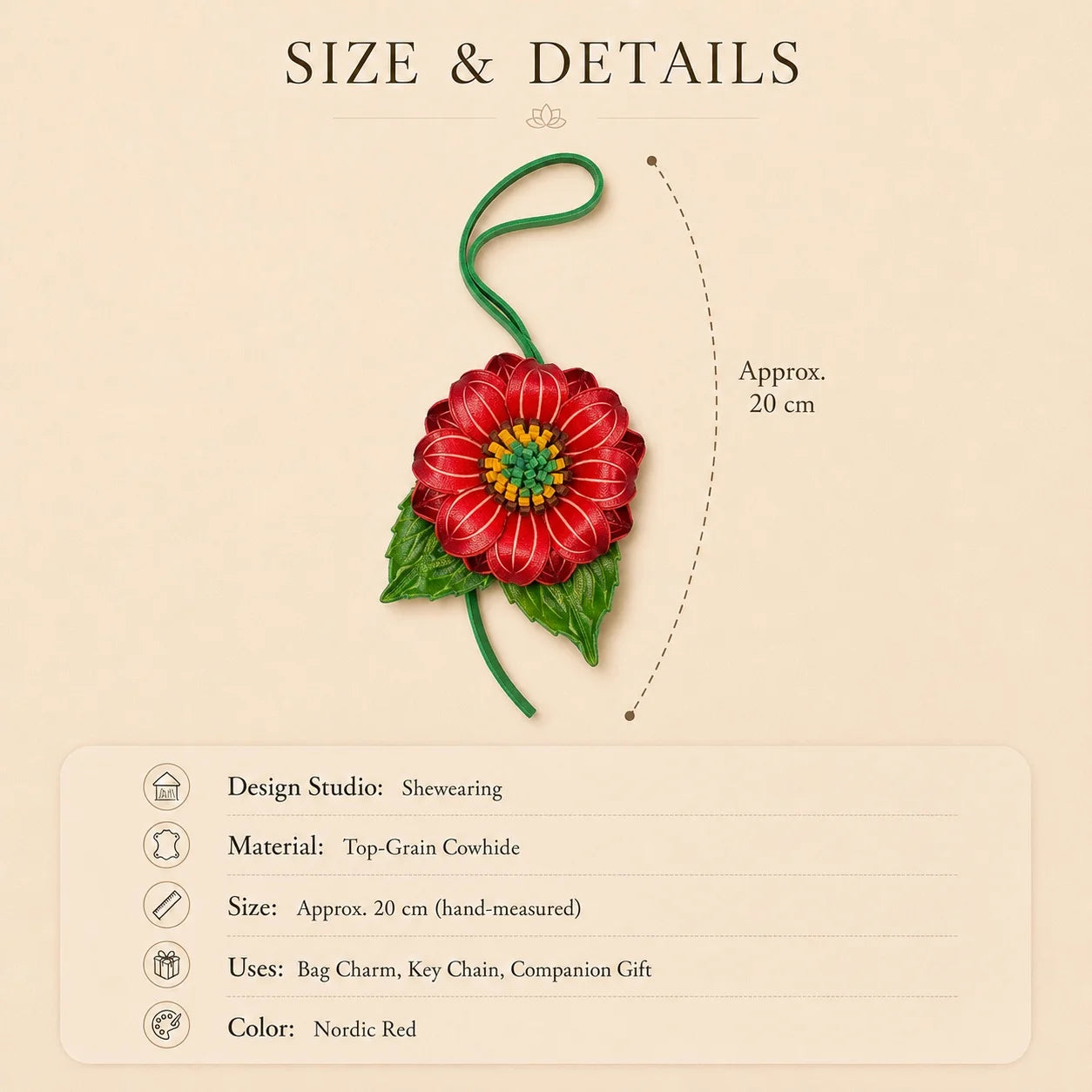 Handmade Leather Red Dahlia Flower Bag Charm, 3D Floral Handbag Charm Keychain, Elegant Purse Accessory Gift for Her