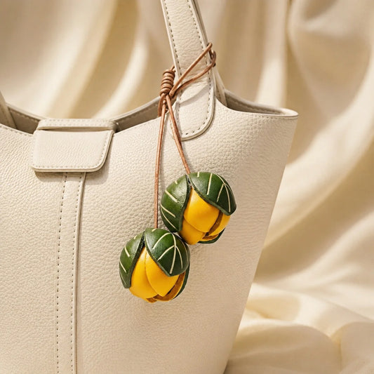 Llavero de bolso con flor amarilla de cuero hecha a mano, Llavero con doble brote floral, Elegante accesorio de bolso para regalo para ella