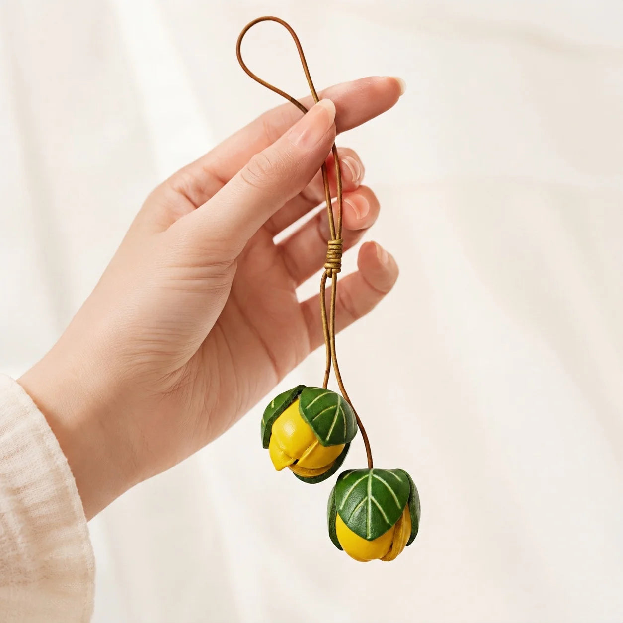 Handmade Leather Yellow Flower Bud Bag Charm, Double Floral Bud Handbag Charm Keychain, Elegant Purse Accessory Gift for Her