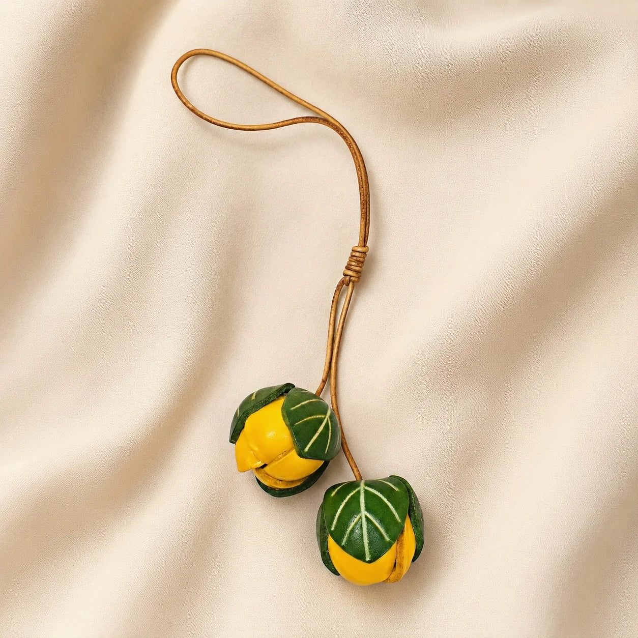 Handmade Leather Yellow Flower Bud Bag Charm, Double Floral Bud Handbag Charm Keychain, Elegant Purse Accessory Gift for Her