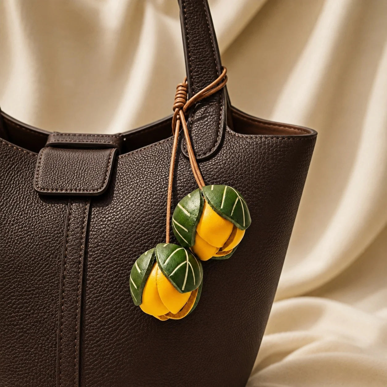 Handmade Leather Yellow Flower Bud Bag Charm, Double Floral Bud Handbag Charm Keychain, Elegant Purse Accessory Gift for Her