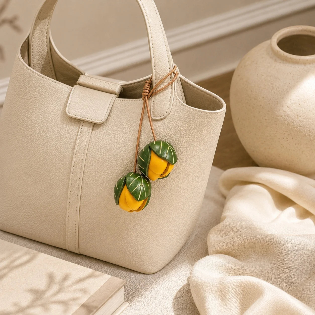 Handmade Leather Yellow Flower Bud Bag Charm, Double Floral Bud Handbag Charm Keychain, Elegant Purse Accessory Gift for Her