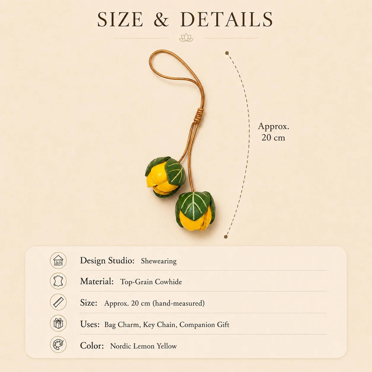 Handmade Leather Yellow Flower Bud Bag Charm, Double Floral Bud Handbag Charm Keychain, Elegant Purse Accessory Gift for Her