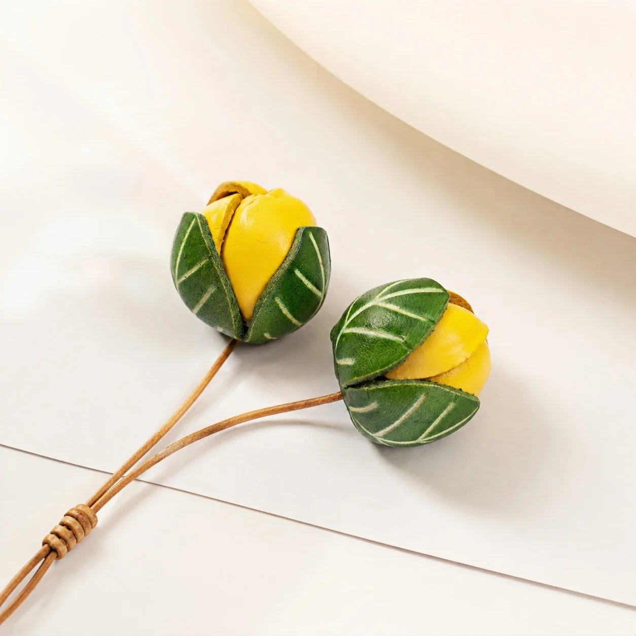 Handmade Leather Yellow Flower Bud Bag Charm, Double Floral Bud Handbag Charm Keychain, Elegant Purse Accessory Gift for Her
