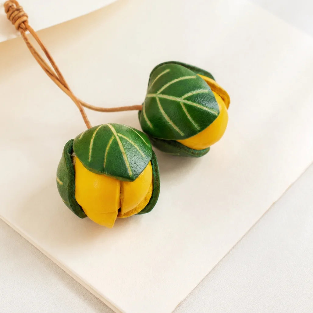 Handmade Leather Yellow Flower Bud Bag Charm, Double Floral Bud Handbag Charm Keychain, Elegant Purse Accessory Gift for Her