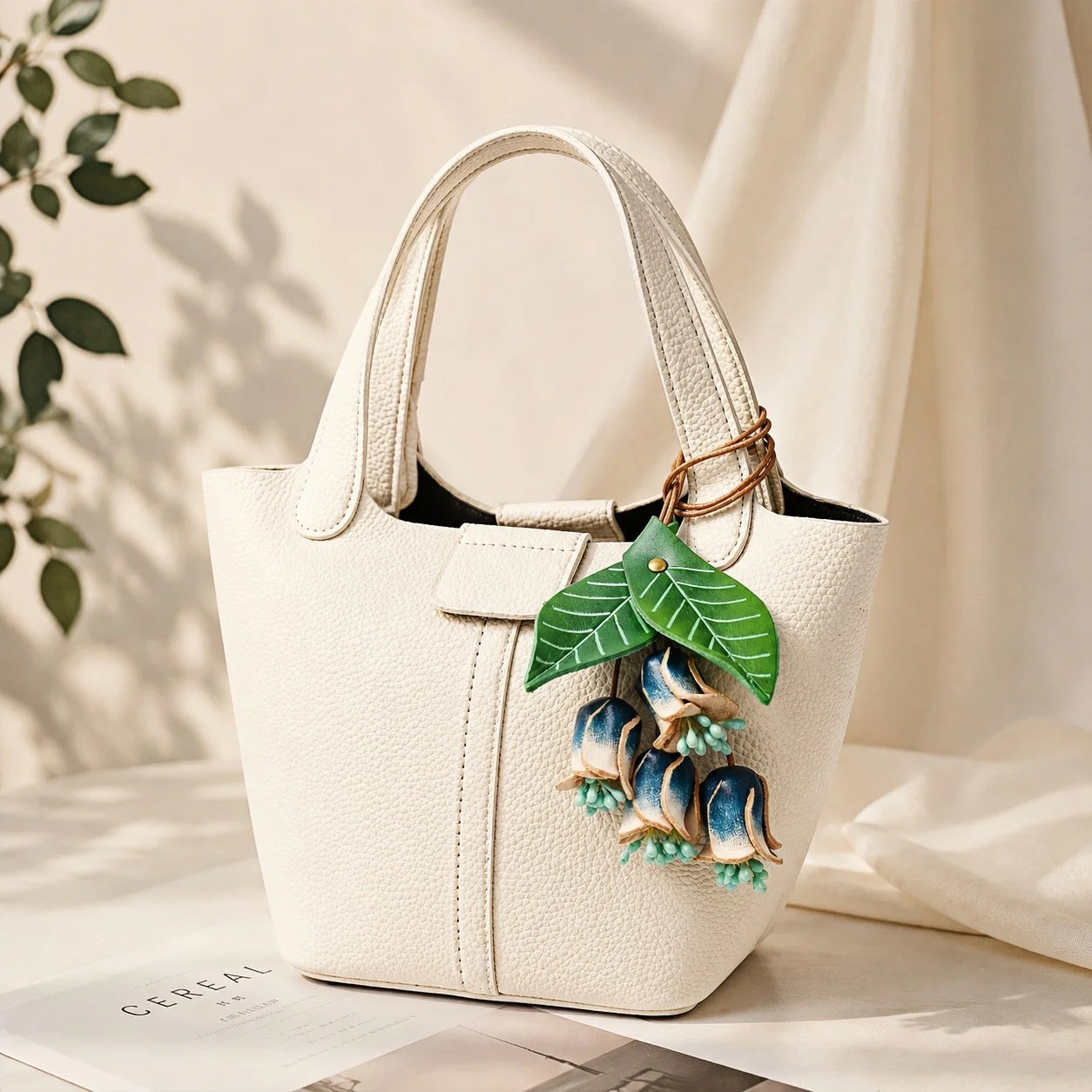 Handmade Leather Blue Lily of the Valley Bag Charm, Bell Flower Handbag Charm Keychain, Elegant Purse Accessory Gift for Her
