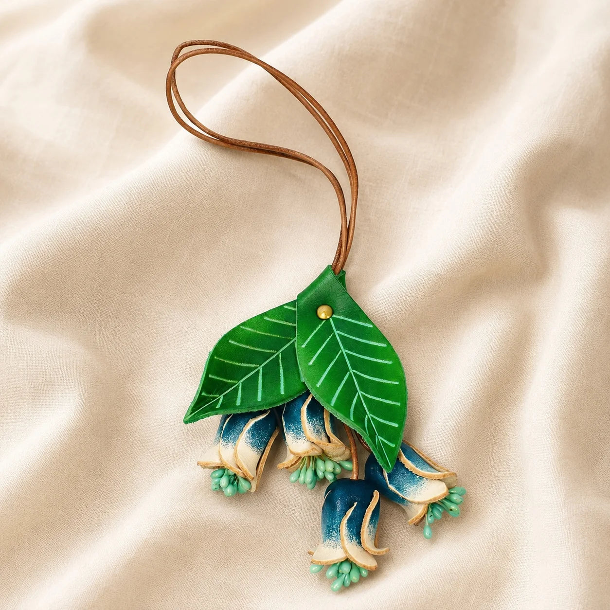 Handmade Leather Blue Lily of the Valley Bag Charm, Bell Flower Handbag Charm Keychain, Elegant Purse Accessory Gift for Her