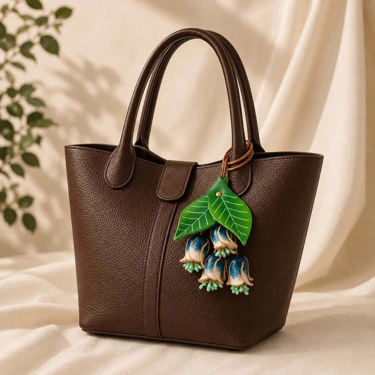 Handmade Leather Blue Lily of the Valley Bag Charm, Bell Flower Handbag Charm Keychain, Elegant Purse Accessory Gift for Her