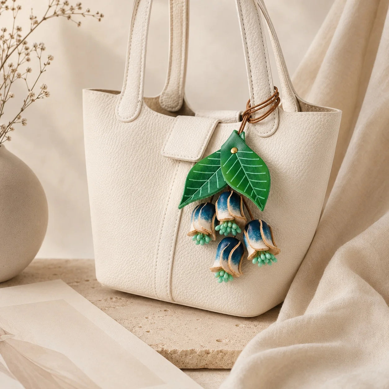Handmade Leather Blue Lily of the Valley Bag Charm, Bell Flower Handbag Charm Keychain, Elegant Purse Accessory Gift for Her