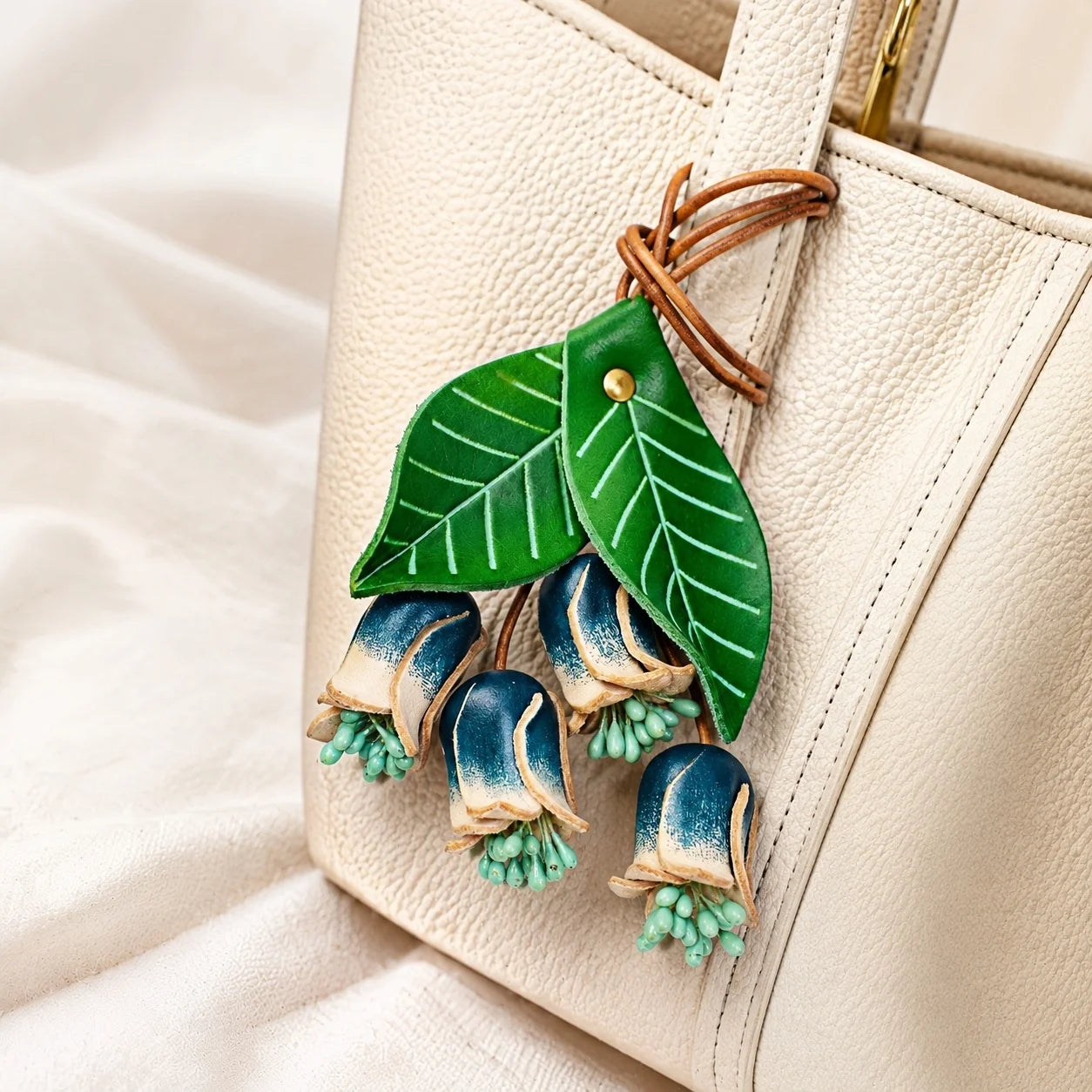 Handmade Leather Blue Lily of the Valley Bag Charm, Bell Flower Handbag Charm Keychain, Elegant Purse Accessory Gift for Her