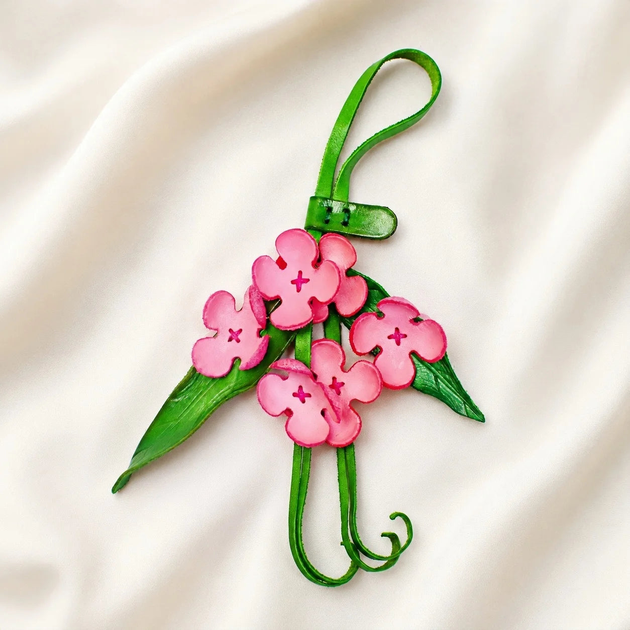 Handmade Leather Pink Blossom Bag Charm, Floral Cluster Handbag Charm Keychain, Elegant Purse Accessory Gift for Her