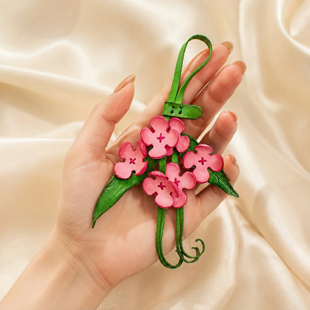 Handmade Leather Pink Blossom Bag Charm, Floral Cluster Handbag Charm Keychain, Elegant Purse Accessory Gift for Her