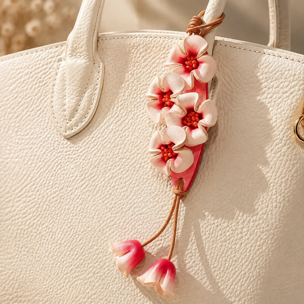 Llavero de bolso artesanal de cuero rosa floral con detalle de borla botánica, accesorio de bolso, regalo para ella