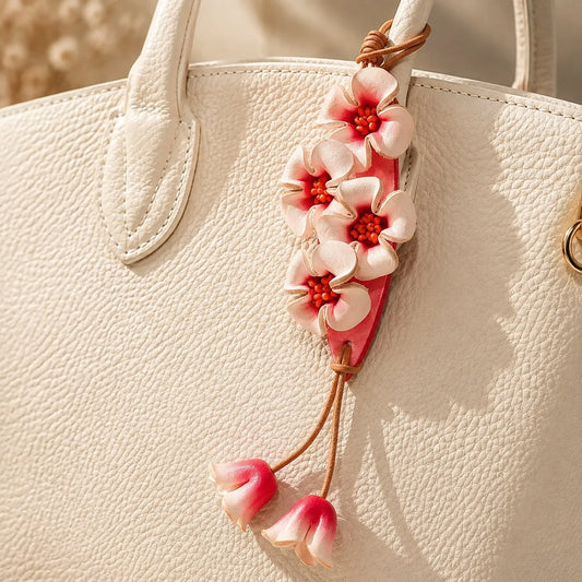 Llavero de bolso artesanal de cuero rosa floral con detalle de borla botánica, accesorio de bolso, regalo para ella