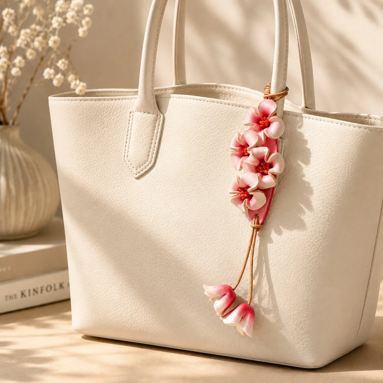 Llavero de bolso artesanal de cuero rosa floral con detalle de borla botánica, accesorio de bolso, regalo para ella