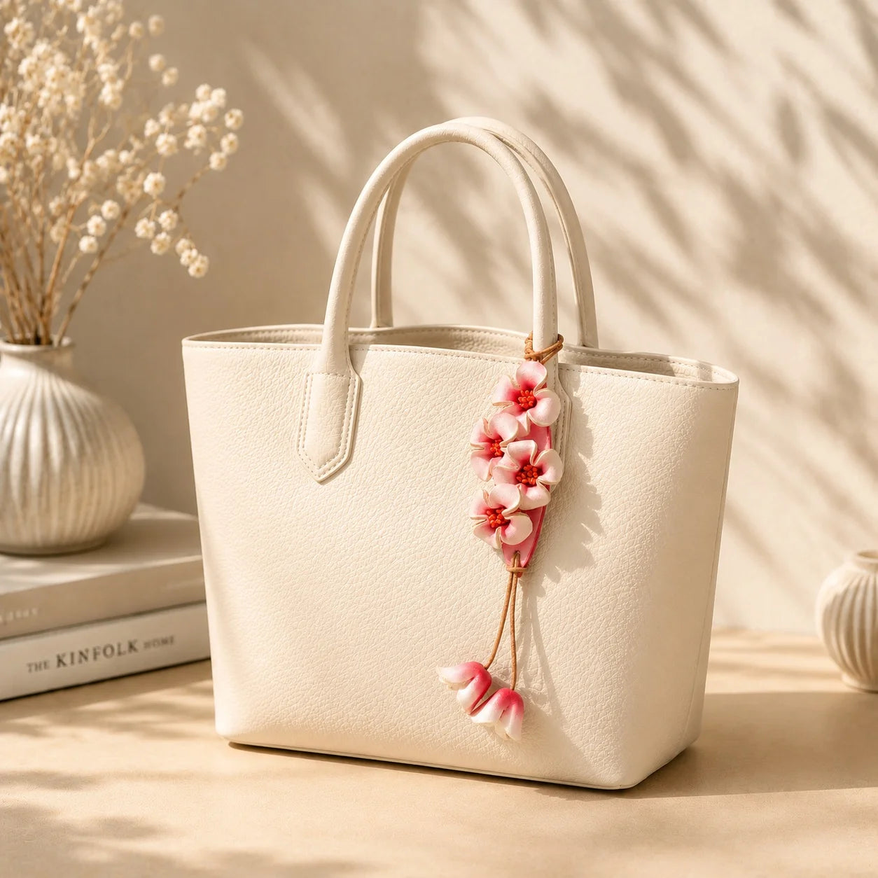 Llavero de bolso artesanal de cuero rosa floral con detalle de borla botánica, accesorio de bolso, regalo para ella