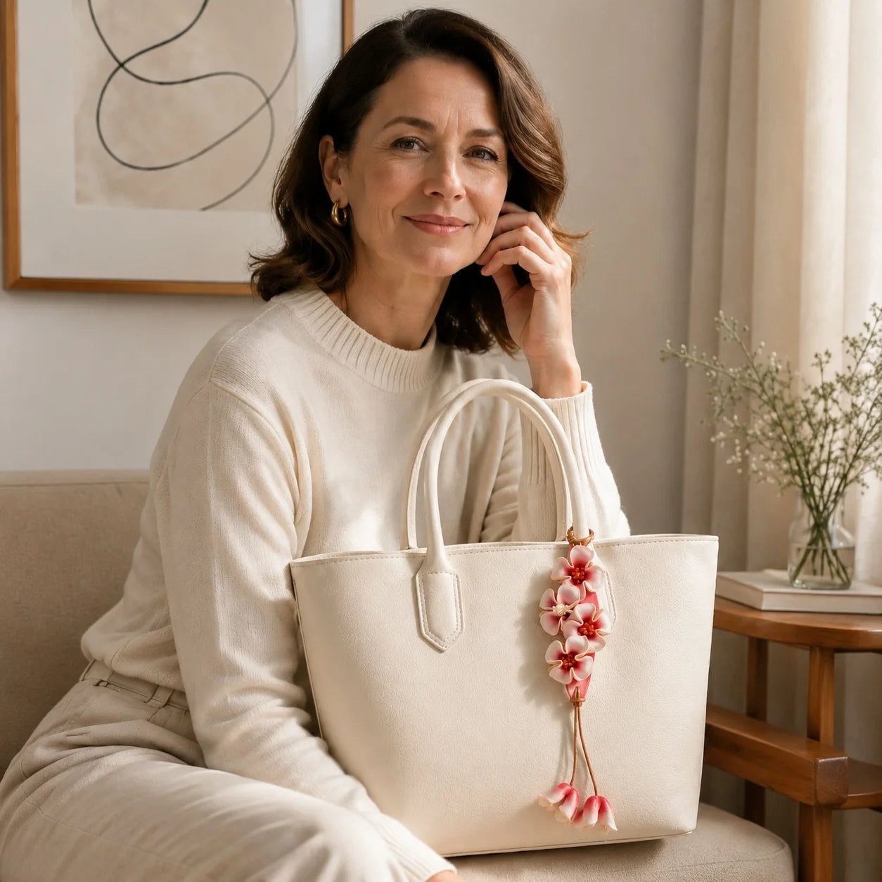 Llavero de bolso artesanal de cuero rosa floral con detalle de borla botánica, accesorio de bolso, regalo para ella