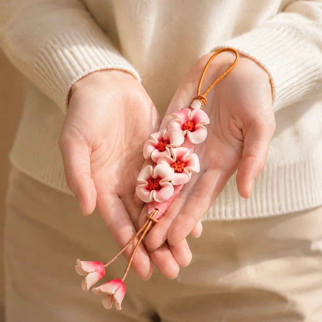 Llavero de bolso artesanal de cuero rosa floral con detalle de borla botánica, accesorio de bolso, regalo para ella