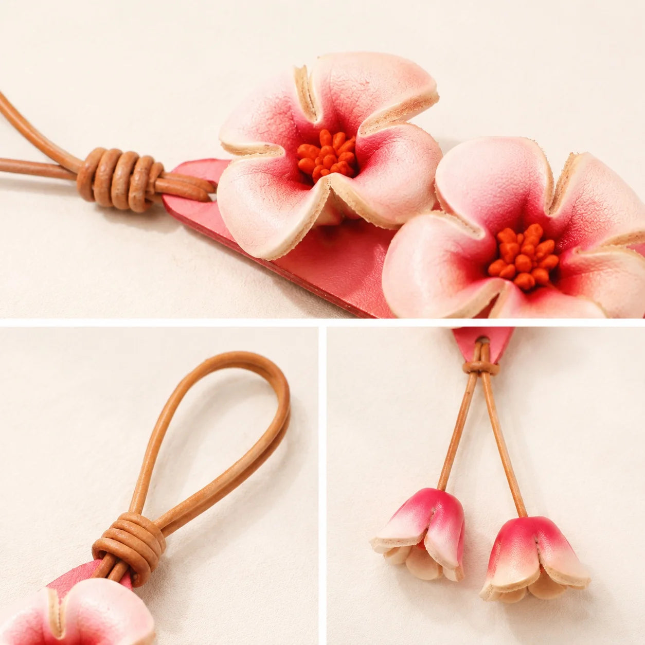 Llavero de bolso artesanal de cuero rosa floral con detalle de borla botánica, accesorio de bolso, regalo para ella