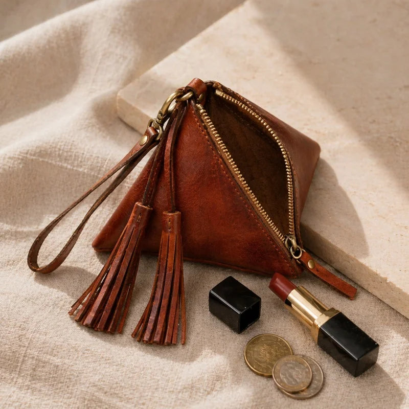 Estuche triangular de cuero vintage – Estuche para pintalabios y monedas de piel de vaca hecho a mano | Mini colgante con cremallera y borla | Regalo y organizador retro