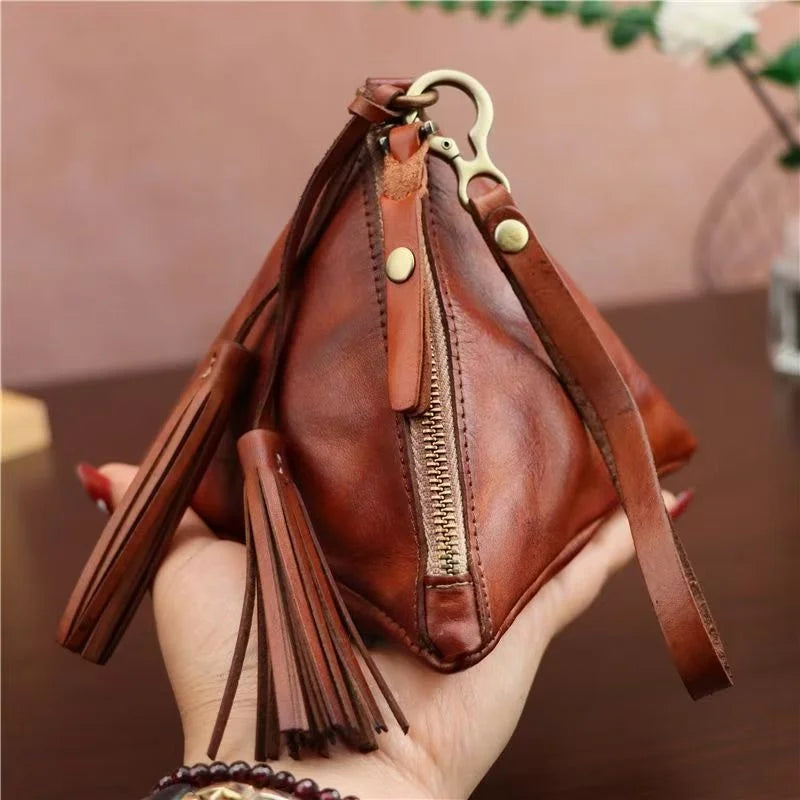 Vintage Leather Triangle Pouch – Handmade Cowhide Lipstick & Coin Case | Mini Zipper Bag Charm with Tassel | Retro Gift & Organizer