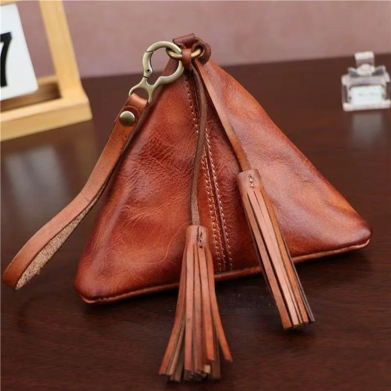 Vintage Leather Triangle Pouch – Handmade Cowhide Lipstick & Coin Case | Mini Zipper Bag Charm with Tassel | Retro Gift & Organizer