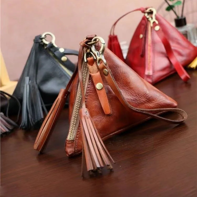 Vintage Leather Triangle Pouch – Handmade Cowhide Lipstick & Coin Case | Mini Zipper Bag Charm with Tassel | Retro Gift & Organizer