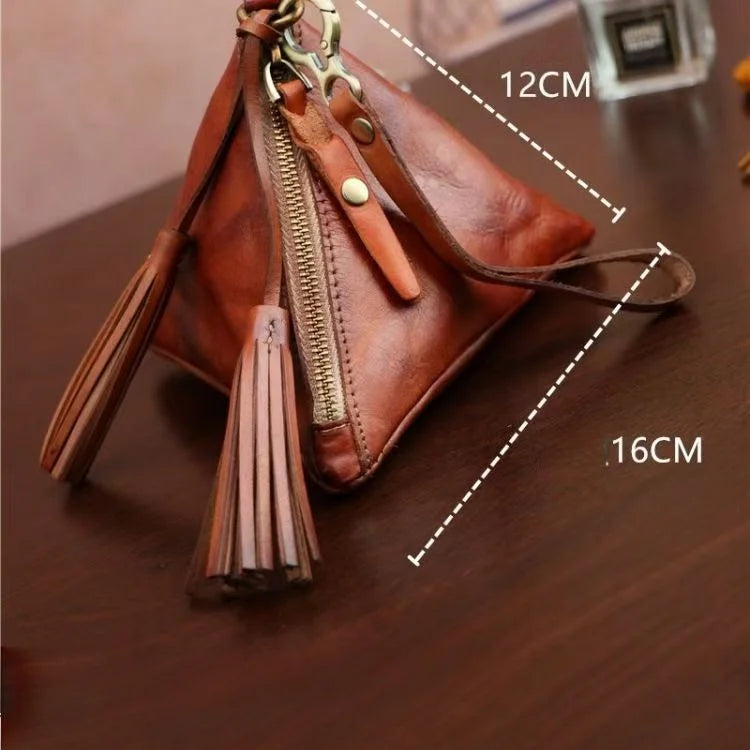 Vintage Leather Triangle Pouch – Handmade Cowhide Lipstick & Coin Case | Mini Zipper Bag Charm with Tassel | Retro Gift & Organizer