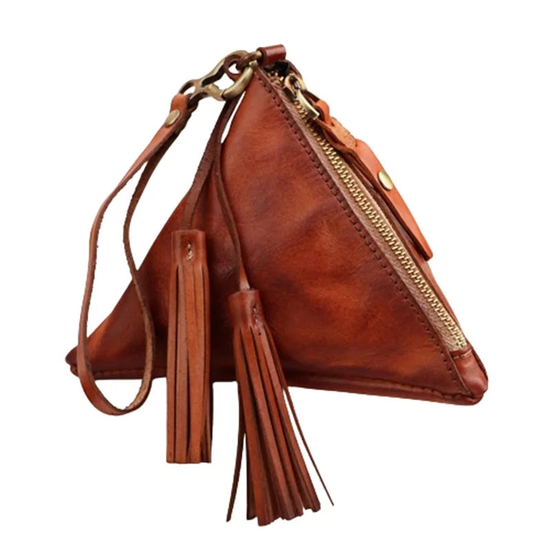 Vintage Leather Triangle Pouch – Handmade Cowhide Lipstick & Coin Case | Mini Zipper Bag Charm with Tassel | Retro Gift & Organizer