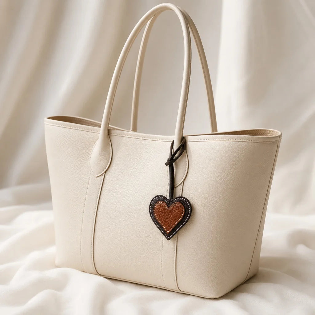 Handcrafted Vintage Heart Leather Bag Charm – Full-Grain Leather Pendant with Contrast Stitching | Timeless Neutral Accessory | Meaningful Gift for Her