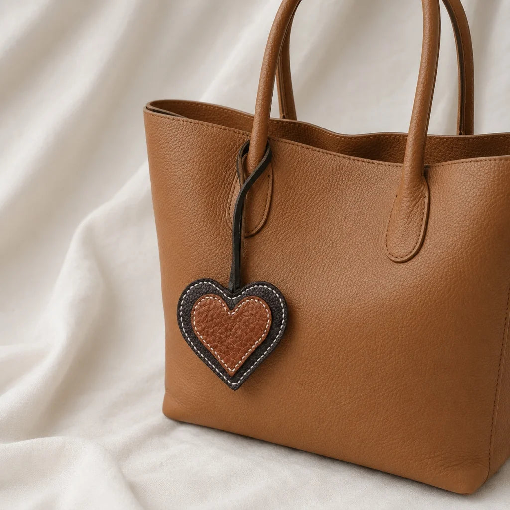Handcrafted Vintage Heart Leather Bag Charm – Full-Grain Leather Pendant with Contrast Stitching | Timeless Neutral Accessory | Meaningful Gift for Her