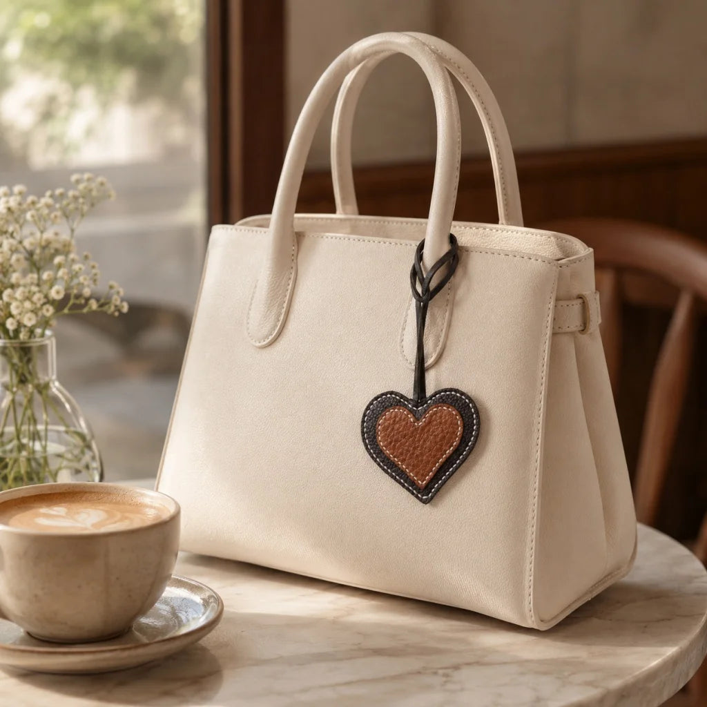 Handcrafted Vintage Heart Leather Bag Charm – Full-Grain Leather Pendant with Contrast Stitching | Timeless Neutral Accessory | Meaningful Gift for Her