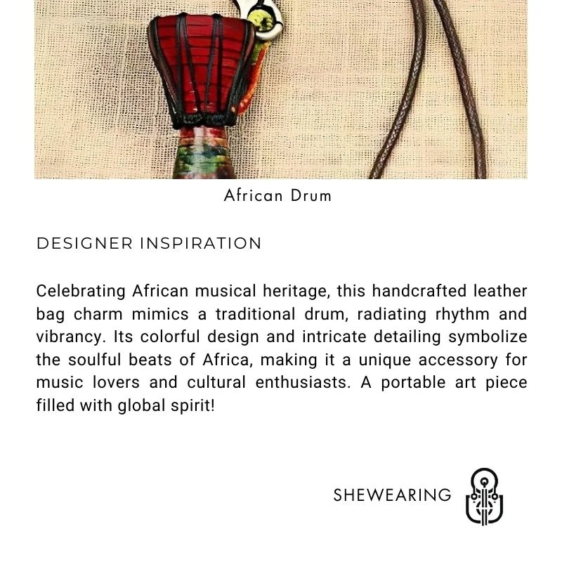 African Drum Bag Charm – Handcrafted Leather Accessory, Full - Grain Cowhide, Unique Cultural Gift for Backpack or Keyring - shewearing