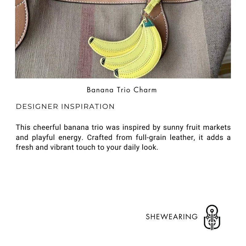 Banana Trio Leather Bag Charm – Handmade Cowhide Pendant | Cute Fruit - Inspired Keychain for Tote & Backpack | Artistic Yellow Accessory - shewearing