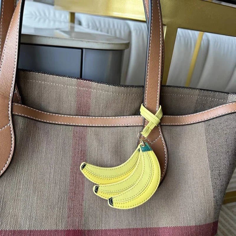 Banana Trio Leather Bag Charm – Handmade Cowhide Pendant | Cute Fruit - Inspired Keychain for Tote & Backpack | Artistic Yellow Accessory - shewearing