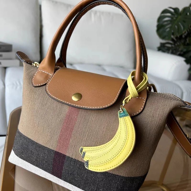 Banana Trio Leather Bag Charm – Handmade Cowhide Pendant | Cute Fruit - Inspired Keychain for Tote & Backpack | Artistic Yellow Accessory - shewearing