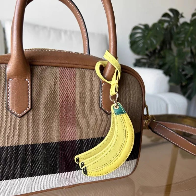 Banana Trio Leather Bag Charm – Handmade Cowhide Pendant | Cute Fruit - Inspired Keychain for Tote & Backpack | Artistic Yellow Accessory - shewearing