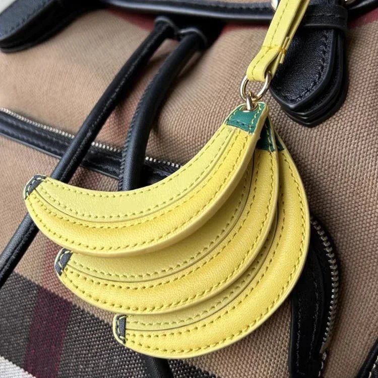Banana Trio Leather Bag Charm – Handmade Cowhide Pendant | Cute Fruit - Inspired Keychain for Tote & Backpack | Artistic Yellow Accessory - shewearing