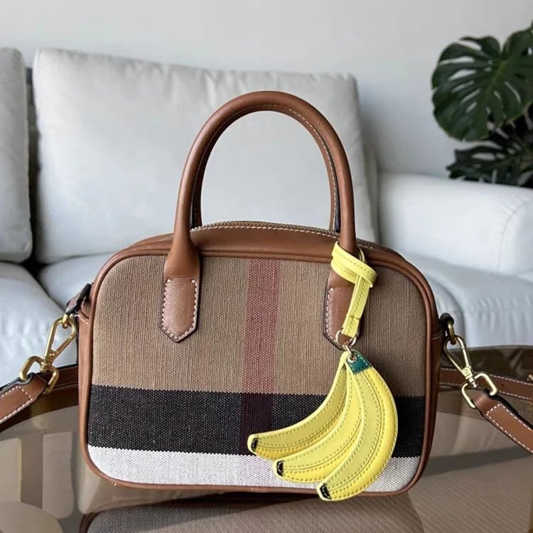 Banana Trio Leather Bag Charm – Handmade Cowhide Pendant | Cute Fruit - Inspired Keychain for Tote & Backpack | Artistic Yellow Accessory - shewearing