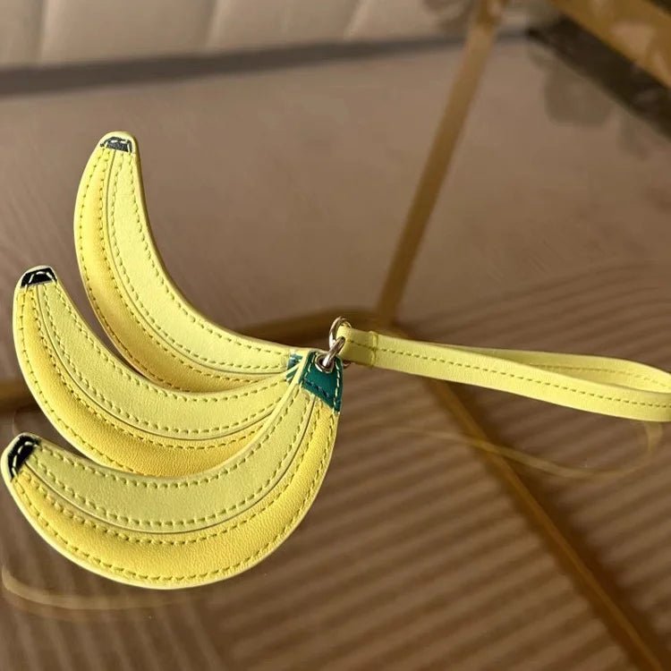 Banana Trio Leather Bag Charm – Handmade Cowhide Pendant | Cute Fruit - Inspired Keychain for Tote & Backpack | Artistic Yellow Accessory - shewearing