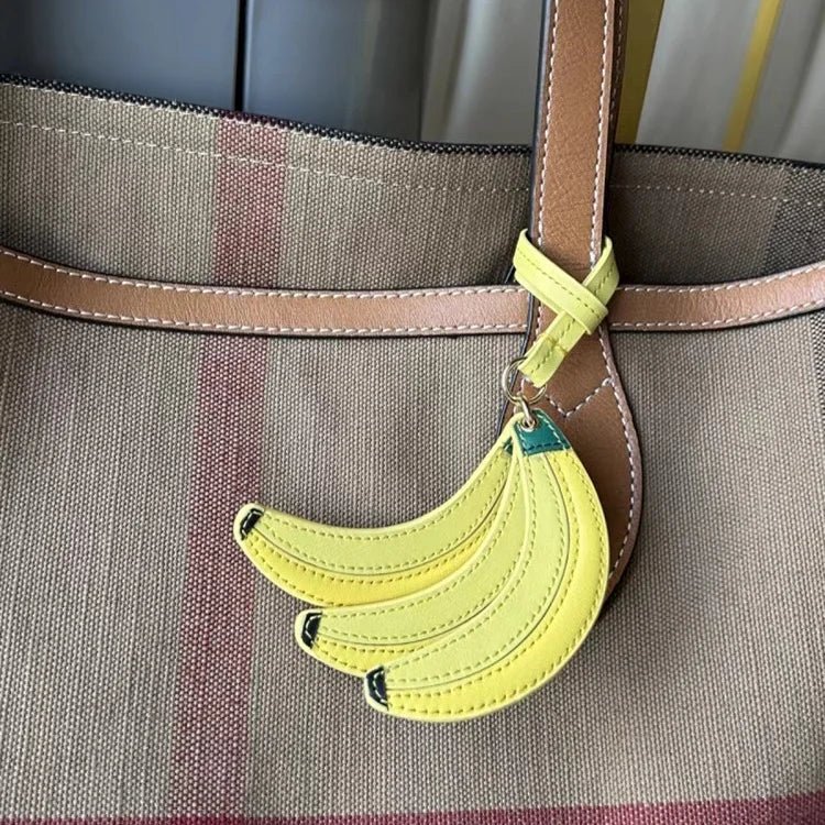 Banana Trio Leather Bag Charm – Handmade Cowhide Pendant | Cute Fruit - Inspired Keychain for Tote & Backpack | Artistic Yellow Accessory - shewearing